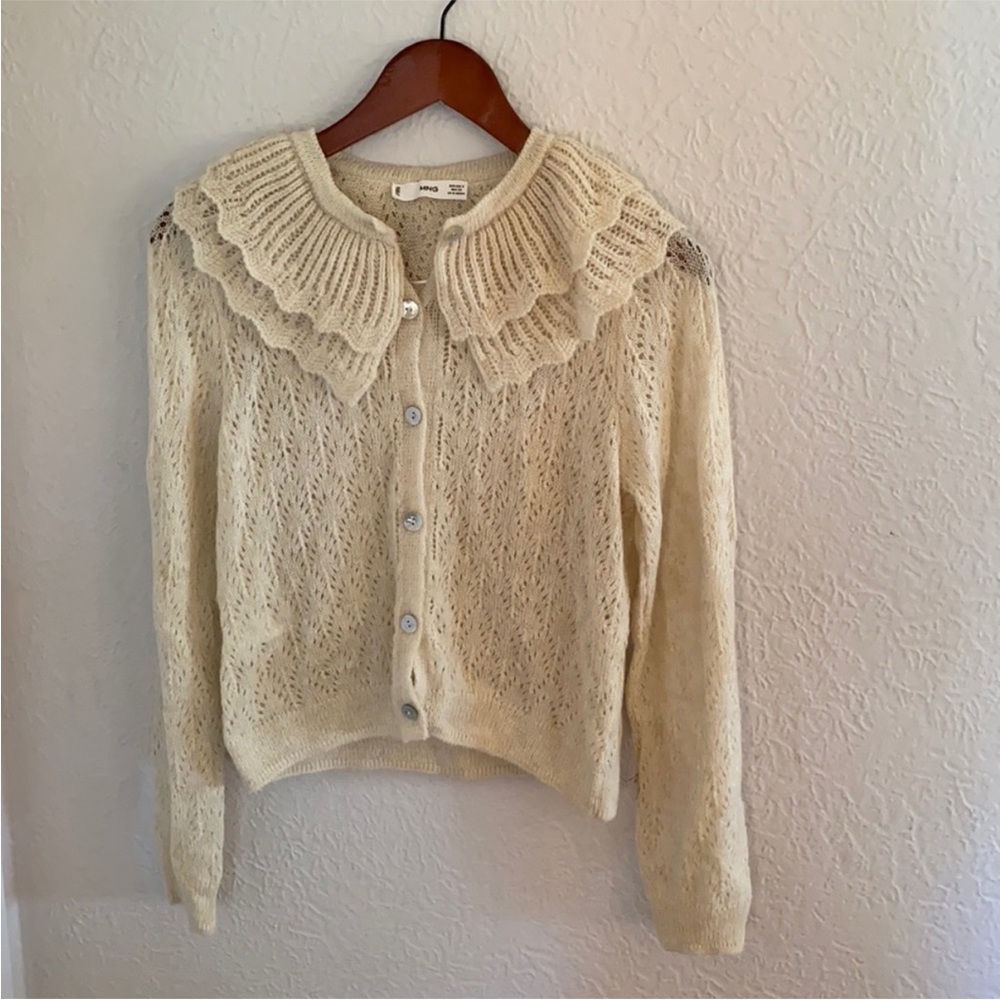 Mango Cream Knit Pointelle Cardigan with Ruffled Collar - Picture 4 of 4